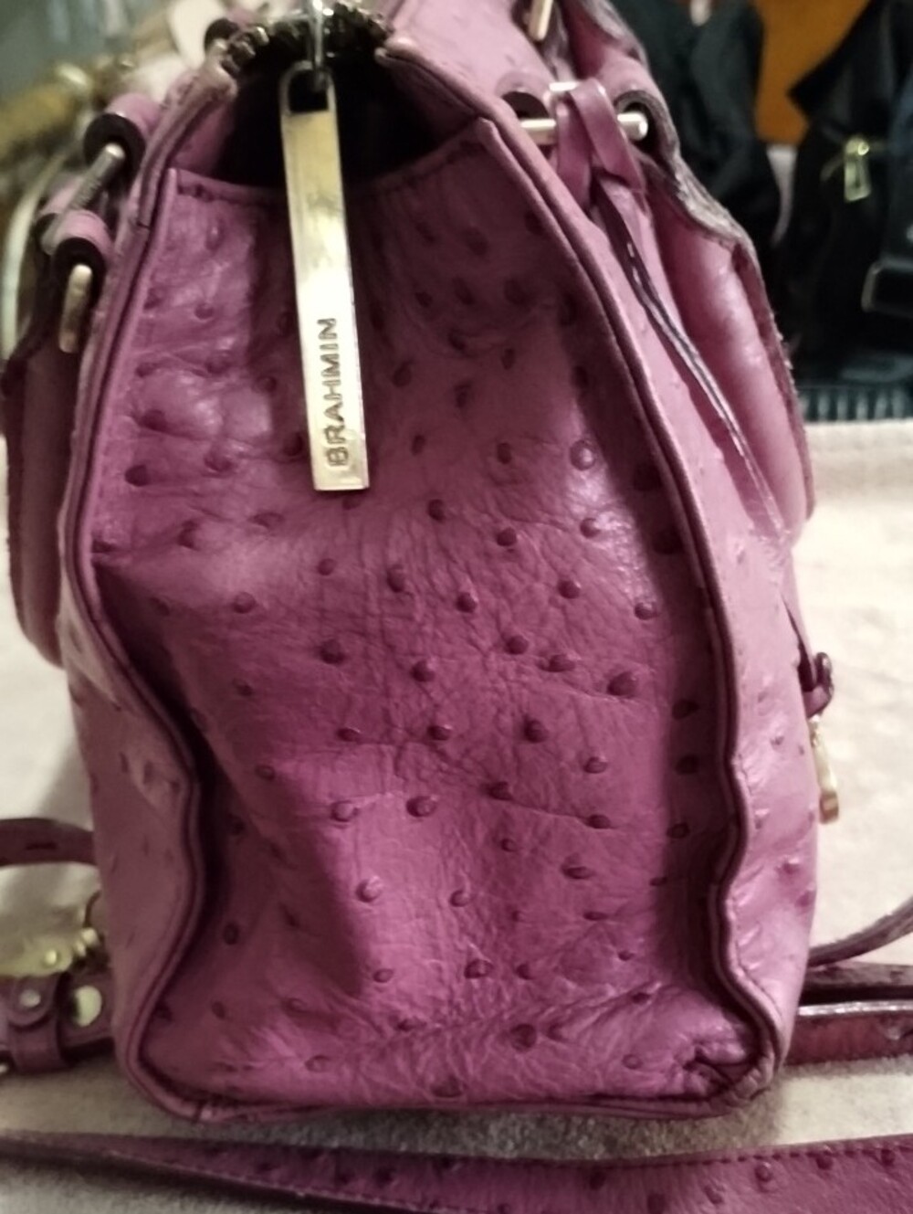 Brahmin Plum Ostrich-Embossed Leather Satchel with Detachable Strap - Picture 3 of 11